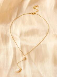 仿珍珠吊坠 Y 形套索项链 - 白色 - 查看 3