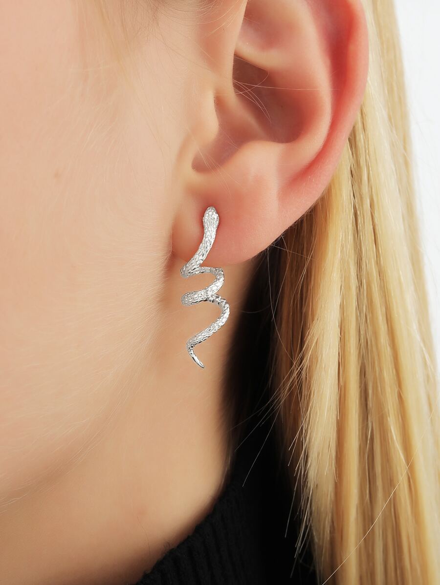 Snake Stud Earrings - Silver - View 1