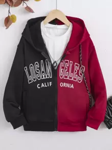 Girls Letter Graphic Two Tone Zip Up Hooded Sweatshirt Without Tee - Multicolor - View 1
