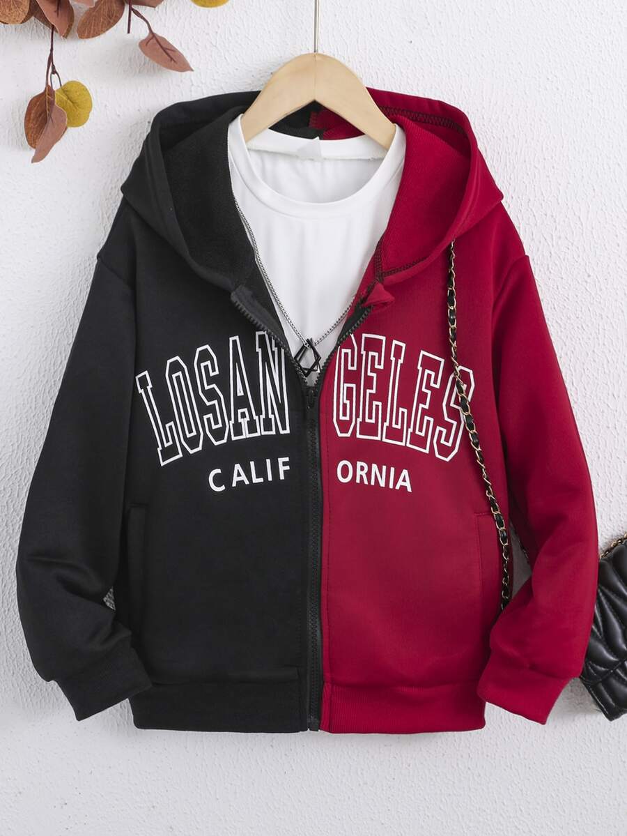 Girls Letter Graphic Two Tone Zip Up Hooded Sweatshirt Without Tee - Multicolor - View 1