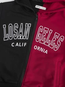 Girls Letter Graphic Two Tone Zip Up Hooded Sweatshirt Without Tee - Multicolor - View 7