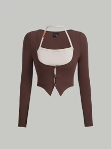SHEIN MOD Colourblock Asymmetrical Hem Halter Neck Tee - Coffee Brown - View 2