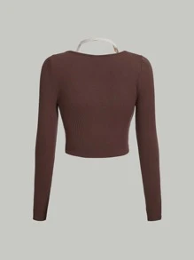 SHEIN MOD Colourblock Asymmetrical Hem Halter Neck Tee - Coffee Brown - View 5