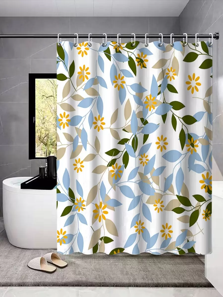 樹葉和花卉圖案浴簾 - 彩色 - 查看 1