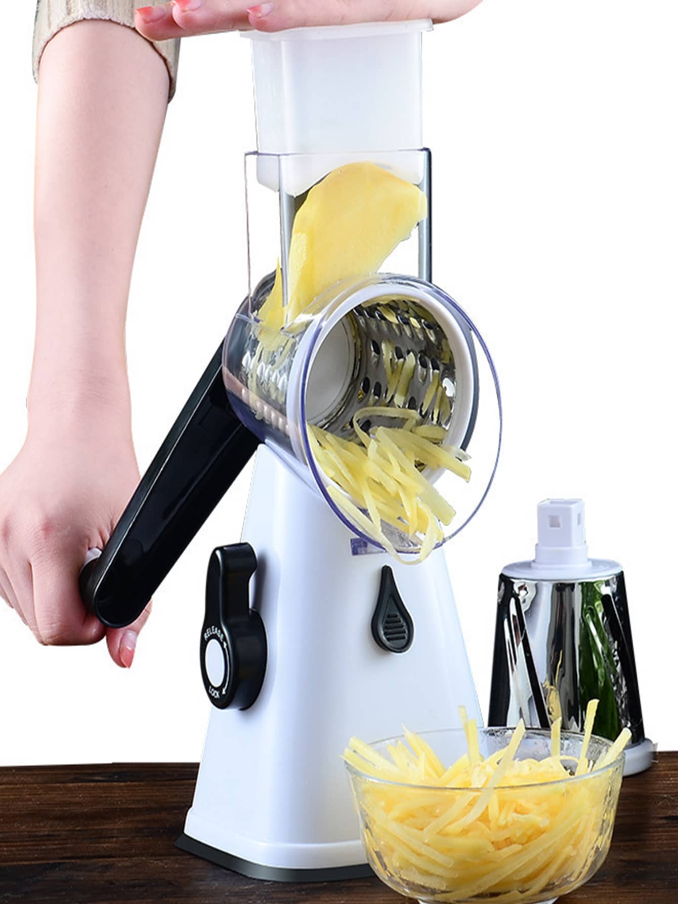 1 pieza Molinillo de queso y verduras manual rotatorio con 3 hojas, herramientas de frutas y verduras, utensilios de cocina, cortador, alimento, ensalada, decoración, almacenamiento, fiesta, cumpleaños. - Blanco - Ver 1