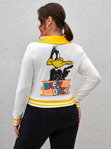 LOONEY TUNES X SHEIN Plus Cartoon & Letter Graphic Striped Trim Tee - White - View 1