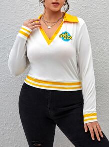 LOONEY TUNES X SHEIN Plus Cartoon & Letter Graphic Striped Trim Tee - White - View 2