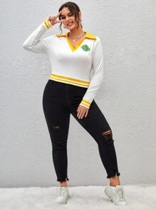 LOONEY TUNES X SHEIN Plus Cartoon & Letter Graphic Striped Trim Tee - White - View 5