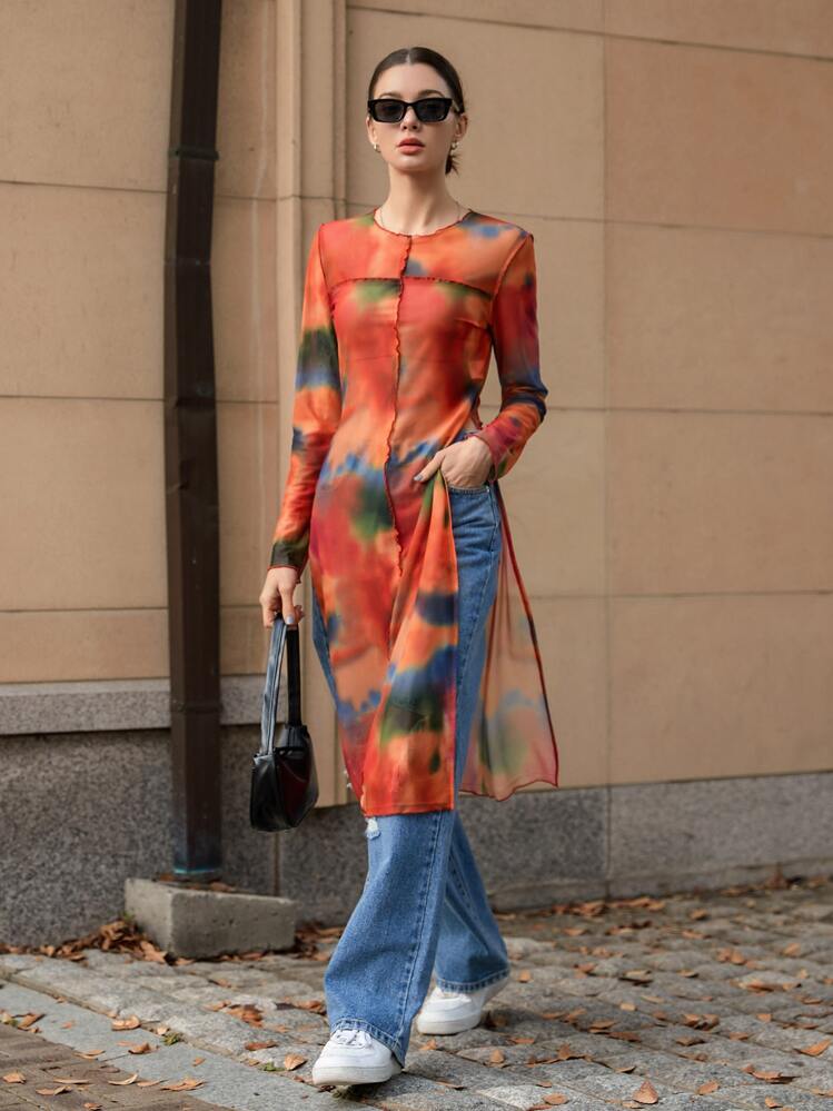 Dazy Designer Tie Dye Split Thigh Longline Top,Fall Clothes,Back To School Clothes Long Sleeve Women Tops - Orange - View 1