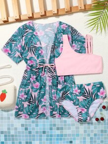 青少年女孩热带印花比基尼套装，搭配前系带和服夏季海滩 - 彩色 - 查看 1