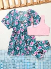 青少年女孩热带印花比基尼套装，搭配前系带和服夏季海滩 - 彩色 - 查看 2