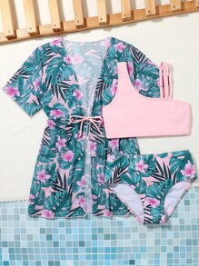 青少年女孩热带印花比基尼套装，搭配前系带和服夏季海滩 - 彩色 - 查看 5