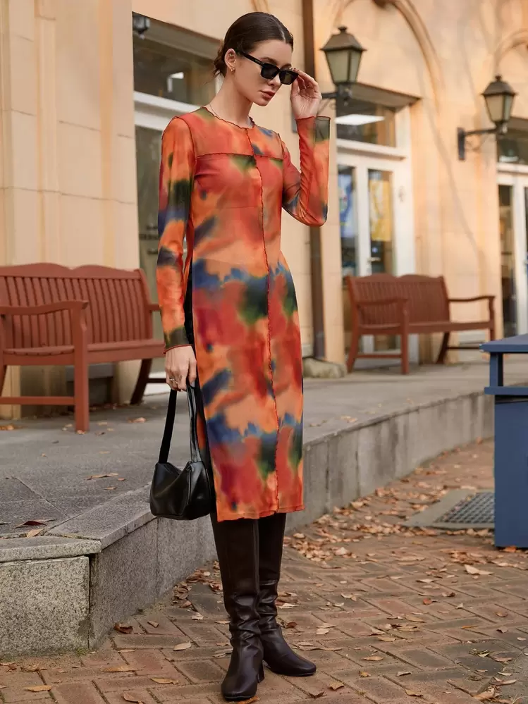 Dazy Designer Tie Dye Split Thigh Longline Top,Fall Clothes,Back To School Clothes Long Sleeve Women Tops - Orange - View 7