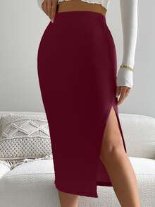 High Waist Solid Ribbed Knit Slit Skirt - Burgundy - View 3