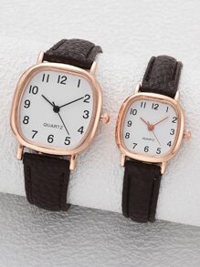 2pcs Couple Minimalist Square Pointer Quartz Watch - Brown - View 1