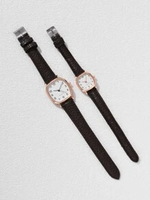 2pcs Couple Minimalist Square Pointer Quartz Watch - Brown - View 2