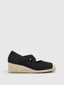 Styleloop Cross Strap Espadrille Wedges - Black - View 1