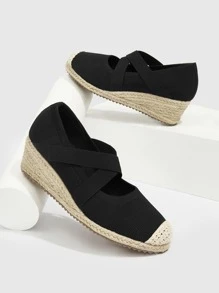 Styleloop Cross Strap Espadrille Wedges - Black - View 4