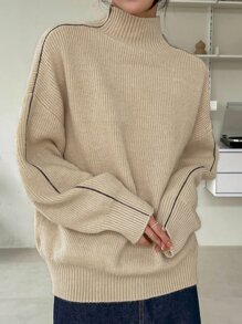 DAZY Seam Detail High Neck Drop Shoulder Jumper - Apricot - View 1