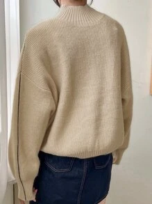 DAZY Seam Detail High Neck Drop Shoulder Jumper - Apricot - View 2