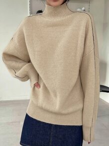 DAZY Seam Detail High Neck Drop Shoulder Jumper - Apricot - View 7