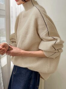 DAZY Seam Detail High Neck Drop Shoulder Jumper - Apricot - View 8