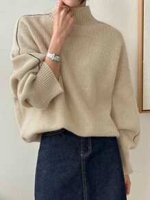 DAZY Seam Detail High Neck Drop Shoulder Jumper - Apricot - View 9