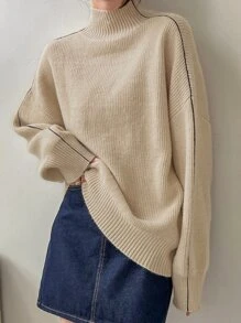 DAZY Seam Detail High Neck Drop Shoulder Jumper - Apricot - View 10