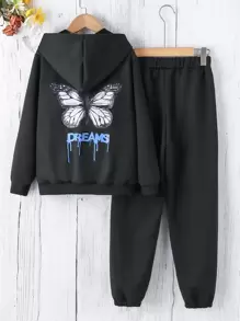 Teen Girls Butterfly Print Hoodie & Joggers - Black - View 1