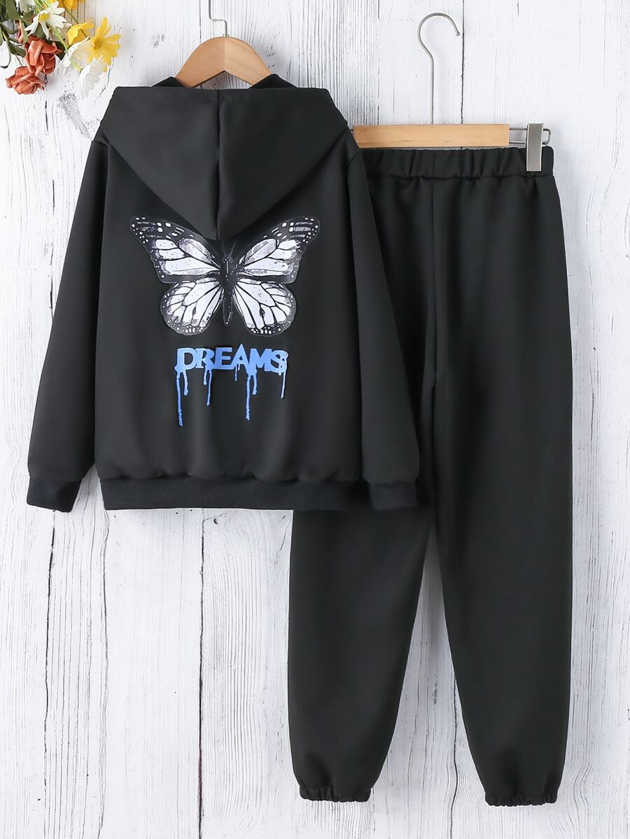 Teen Girls Butterfly Print Hoodie & Joggers - Black - View 1