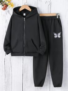 Teen Girls Butterfly Print Hoodie & Joggers - Black - View 2