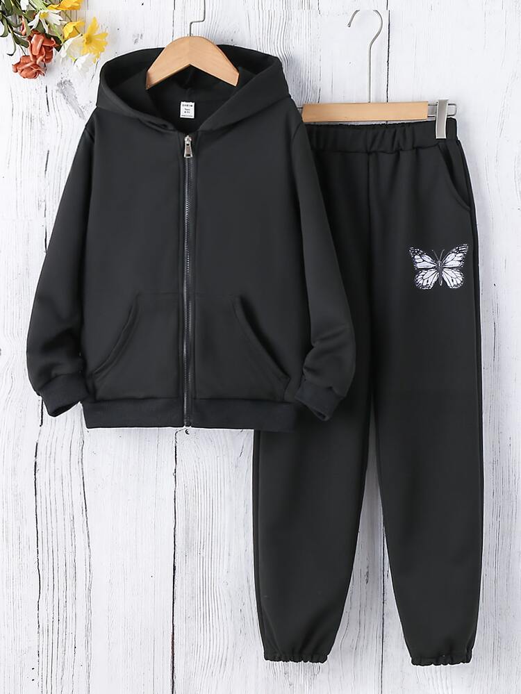 Teen Girls Butterfly Print Hoodie & Sweatpants - Black - View 2