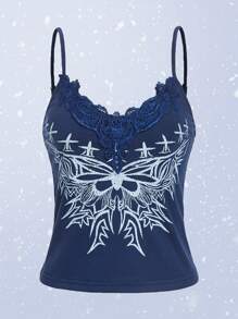 ROMWE Fairycore Áo hai dây Tương phản ren Loại bướm Giải trí - Màu xanh hải quân - Xem 1