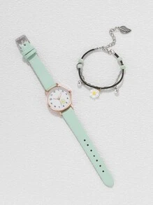 1 pieza Reloj de mujer con detalle de flor y manecillas redondas de cuarzo y 1 pieza Conjunto de reloj de pulsera con flor de margarita de vacaciones para San Valentín