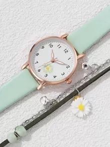 1 pieza Reloj de mujer con detalle de flor y manecillas redondas de cuarzo y 1 pieza Conjunto de reloj de pulsera con flor de margarita de vacaciones para San Valentín