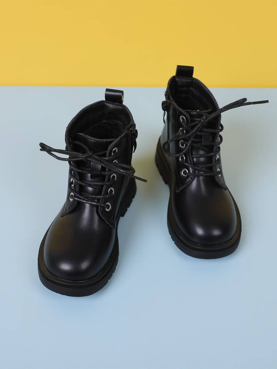 Girls Lace-up Front Zipper Side Combat Boots - Black - View 1