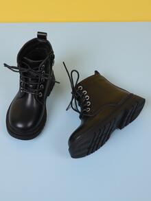 Girls Lace-up Front Zipper Side Combat Boots - Black - View 2