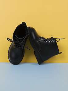 Girls Lace-up Front Zipper Side Combat Boots - Black - View 3