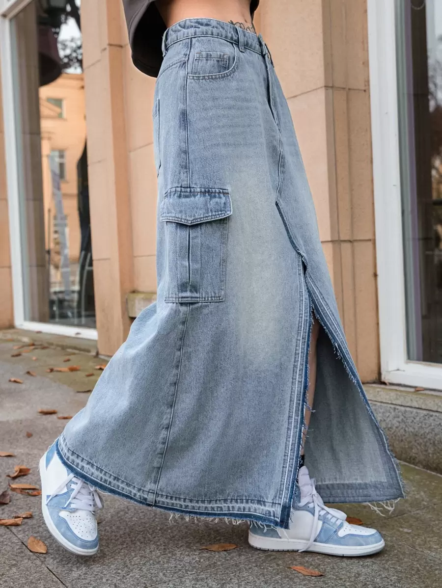 SHEIN Váy denim nữ Nút Túi Chia màu trơn - Rửa trung bình - Xem 1
