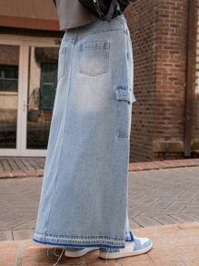 SHEIN Váy denim nữ Nút Túi Chia màu trơn - Rửa trung bình - Xem 2