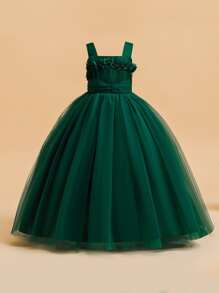 Vestido formal largo elegante de malla con flores 3D de unicolor para niñas preadolescentes, adecuado para fiestas y eventos, sin diadema - Verde Oscuro - Ver 5