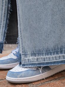 SHEIN Váy denim nữ Nút Túi Chia màu trơn - Rửa trung bình - Xem 3