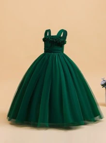 Vestido formal largo elegante de malla con flores 3D de unicolor para niñas preadolescentes, adecuado para fiestas y eventos, sin diadema - Verde Oscuro - Ver 4