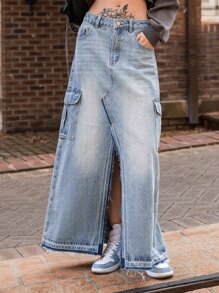 SHEIN Váy denim nữ Nút Túi Chia màu trơn - Rửa trung bình - Xem 4