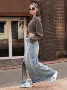 SHEIN Váy denim nữ Nút Túi Chia màu trơn - Rửa trung bình - Xem 5