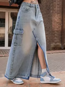 SHEIN Váy denim nữ Nút Túi Chia màu trơn - Rửa trung bình - Xem 6