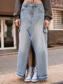 SHEIN Váy denim nữ Nút Túi Chia màu trơn - Rửa trung bình - Xem 7