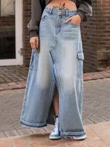 SHEIN Váy denim nữ Nút Túi Chia màu trơn - Rửa trung bình - Xem 8
