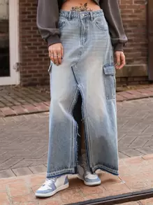 SHEIN Váy denim nữ Nút Túi Chia màu trơn - Rửa trung bình - Xem 9