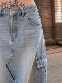 SHEIN Váy denim nữ Nút Túi Chia màu trơn - Rửa trung bình - Xem 10